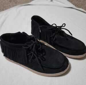 Black Suede Fringe Moccasin Shoes